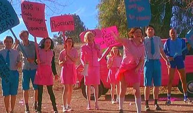 The True Directions campers picket the ex-ex-gays. Intense colors were used to represent the artificiality of heteronormativity.