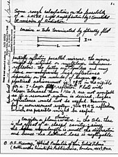LASER notebook: First page of the notebook wherein Gordon Gould coined the acronym LASER, and described the elements required to construct one. Manuscript text: "Some rough calculations on the feasibility / of a LASER: Light Amplification by Stimulated / Emission of Radiation. / Conceive a tube terminated by optically flat / [Sketch of a tube] / partially reflecting parallel mirrors..." Gould notebook 001.jpg