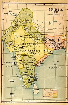 Map of India in 1765 showing territories loyal to the Marathas in (Yellow); and the territories of those loyal to the Great Mogul in (Green), which includes Mysore. IGI1908India1765a.jpg