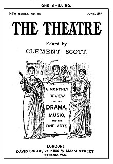 Omslag van een tijdschrift, met tekening van drie klassieke muzen, en de naam van de publicatie en redacteur (Clement Scott) en de beschrijving "A Monthly Review of the Drama, Music and the Fine Arts