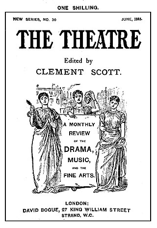 Cover of a magazine, with drawing of three classical Muses, and the name of the publication and editor (Clement Scott) and the description "A Monthly Review of the Drama, Music and the Fine Arts