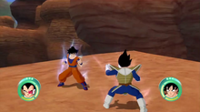 A screenshot of the gameplay, showing Vegeta (Scouter) fighting Goku in a rocky land. The border around the each character's profile portrait are the health and ki meters. The green bars are health and the yellow bars are ki. Dragon Ball Raging Blast Gameplay.PNG