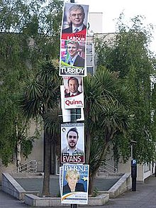 Posters in Upper Leeson Street for candidates in the Euro and local elections Euro and local elections 2009 posters Dublin.jpg