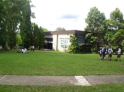 Looking towards the school from the front lawns, shows the administration block (Tagore) and surrounds