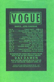 Late 1980s flyer for band performances at the "Vogue" club in Seattle, WA. Dharma Bums is listed as playing on Wed 20, with their frequent opening act Nirvana listed on Sun 24. This flyer is now on display at the "Nirvana: Taking Punk to the Masses" exhibit in Seattle. Vogue listings seattle.jpg