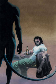 Textless cover of Wolverine #6 (2003), illustrated by Esad Ribić. The cover depicts Wolverine suggestively staring at Nightcrawler, who is nude, while the beer bottle resembles an erection.