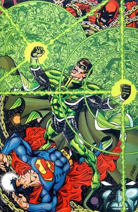 Parallax (Hal Jordan, center), about to recreate the DC Universe in his image. Also pictured (clockwise from upper left): Time Trapper, Metron of the 