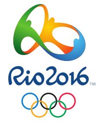 A green, gold and blue coloured design, featuring three people joining hands in a circular formation, sits above the words "Rio 2016", written in a stylistic font. The Olympic rings are placed underneath.