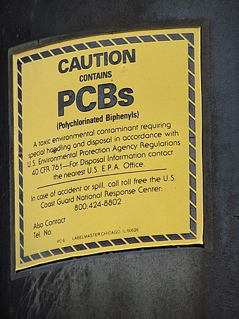 PCB warning label on a power transformer known to contain PCBs