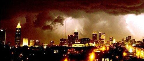 Tornado (shadow at left), after going through downtown Atlanta