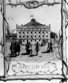 The so-called "Jenny Lind Hall", detail from a poster of 1850 before the concert hall was finished. JENNY LIND HALL DETAIL 1.jpg