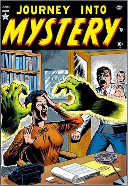 The first issue of Journey into Mystery (June 1952) Cover art by Russ Heath and Stan Goldberg
