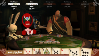 Gameplay of Poker Night at the Inventory showing the player winning a showdown with Max with a straight. Strong Bad and the Heavy have folded and Tycho has busted out. Strong Bad is saying "Nice hand, gigantic cheater." to the player. Poker Night at the Inventory straight.png