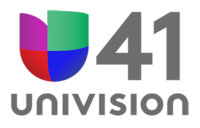 The Univision network logo, a 3D compilation of purple, red, green and blue elements that loosely form the letter U. Next to it is the letter 41 in a gray sans serif. Underneath is the word "Univision" in gray, stylized in unicase.