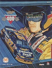 The 1990 Miller Genuine Draft 400 program cover, featuring Rusty Wallace. Artwork by NASCAR artist Sam Bass.