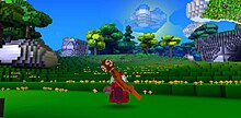 An in-game screenshot showing a mage character on the overworld Cube World Gameplay 1.jpg