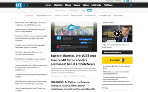 Screenshot della home page di LifeSiteNews, che mostra i titoli, un video in primo piano e i contenuti di navigazione.