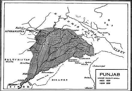 Map of Ranjit Singh's empire at its peak.