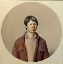 Raymond Han, Self with Red Jacket, Nedatováno, Olej na plátně, 30 x 30 palců.jpg