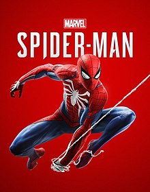 Spider-Man, un superhéroe con un traje azul y rojo y una máscara con un gran símbolo blanco en el pecho, se balancea sobre un hilo de telaraña hacia el espectador.  Las palabras "Spider-Man" están escritas en texto blanco detrás de él.