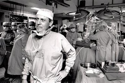 Thomas Starzl after performing a transplant surgery circa 1990