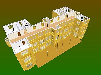 Second-floor plan.
Key: 1: Long Gallery, 2: Blew Chamber in 1635, now an exhibition room, 3: Wainscott Chamber in 1635, now an exhibition room, 4: Former bedroom, not open to the public, 5: Primrose Chamber in 1635, now an exhibition room, 6: White Chamber in 1635, now an exhibition room. ExplodedMintacute3.jpg