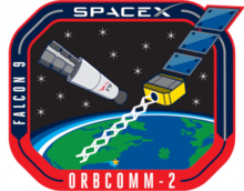 An artistic depiction of a Falcon 9 second stage with an exposed payload bay and an Orbcomm-OG2 satellite orbiting above Earth.