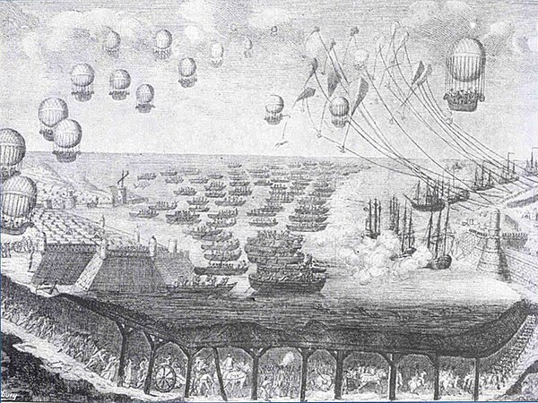 Cartoon on the invasion, showing a tunnel under the English Channel and a fleet of balloons