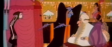 From left to right: Tack the Cobbler, Zigzag the Grand Vizier, King Nod, and Princess Yum-Yum. The character designs are a combination of UPA and Disney styles, and the overall style and flat perspective are inspired by Persian miniature paintings. ThiefChars.PNG