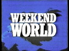 A sillouhette of the British Isles on a blue background, overlaid with 'Weekend World' written in large white capitals