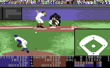 Throwing a pitch on the Commodore 64 version, with options for the pitcher and batter C64 Hardball.png