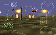 The player's hovercraft engaging in combat with an enemy on a desert wasteland from the leaked demo of Phase Zero JAG Phase Zero.png