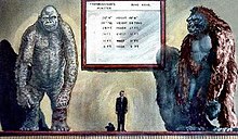 A painting done by Willis O'Brien for the proposed King Kong Meets Frankenstein. The project evolved into King Kong vs. Godzilla, with Godzilla replacing the giant Frankenstein Monster as King Kong's opponent.