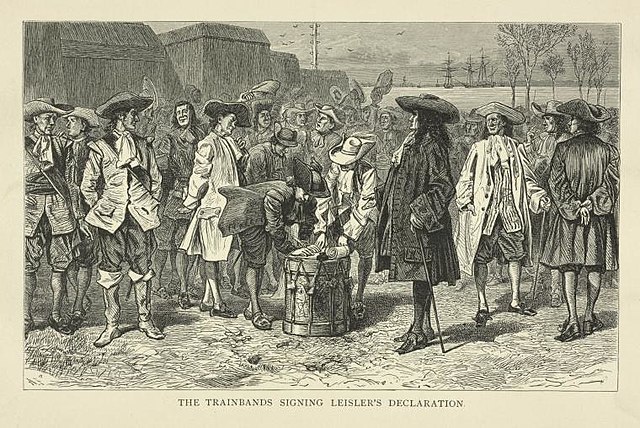 Engraved depiction of militia members signing Leisler's declaration