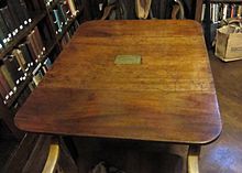 His favourite writing table in the library of the South Place Ethical Society.