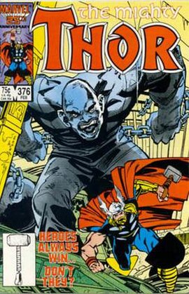 The Absorbing Man (background) on the cover of Thor #376 (February 1987). Art by Walt Simonson.