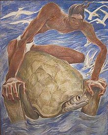 Kana Wrestling the Turtle by Juliette May Fraser, fresco on canec (a sugar-cane fiber-base insulation board manufactured by Hawaiian Cane Products, Inc.), 1954, Hawaii State Art Museum