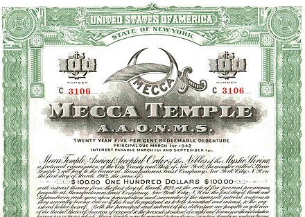 A bond issued in 1922 to raise funds for the construction of the Mecca Temple