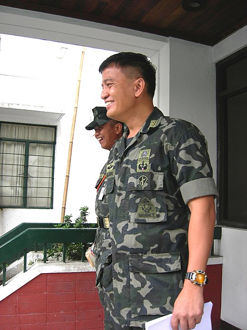 Cpt. Faeldon leaving a hearing at the Judge Advocate General's Office in Camp Aguinaldo, Quezon City.