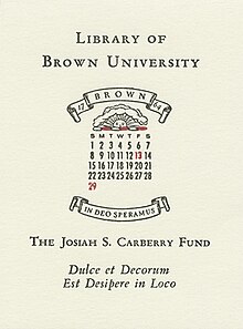 Bookplate for Brown University Library books purchased by the Josiah S. Carberry Fund. CarberryBookplate.jpg