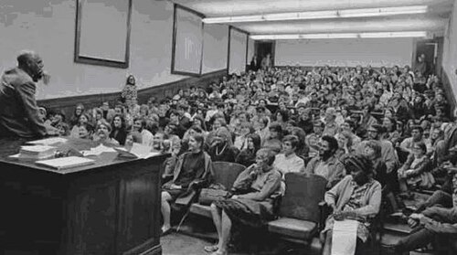 Eknath Easwaran teaching what is thought to be the first credit course on meditation offered at a major university in the U.S. at U.C. Berkeley in 196