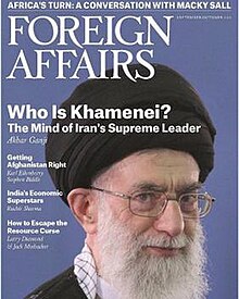 The article "Who Is Khamenei?" by Akbar Ganji, which was published in the magazine's September/October 2013 issue, emphasized the view that the Supreme Leader is the primary decision maker in Iran. FA-WhoisKham123.jpg