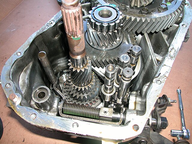 Internals of a Getrag 282 manual transmission for a front-wheel-drive vehicle (Oldsmobile Cutlass)