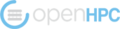 OpenHPC logo consisting of three horizontal grey bars surrounded by light blue horseshoe or C shape with opening on the upper right, followed by OpenHPC with the first four letters lowercase and grey and the last three capital and light blue.