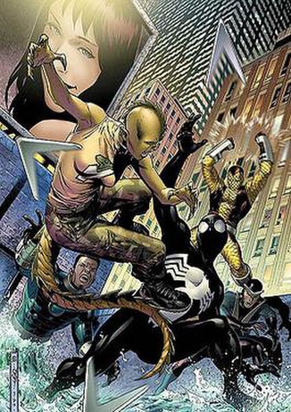 Komodo and The Sinister Syndicate fighting Spider-Man. Art by Jim Cheung.