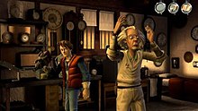 An in-development screenshot showing the simple user interface and the character designs for Marty McFly and Doc Brown. Both Michael J. Fox and Christopher Lloyd allowed the developers to use their likenesses within the game. Backtothefuture-telltalegame-characters.jpg