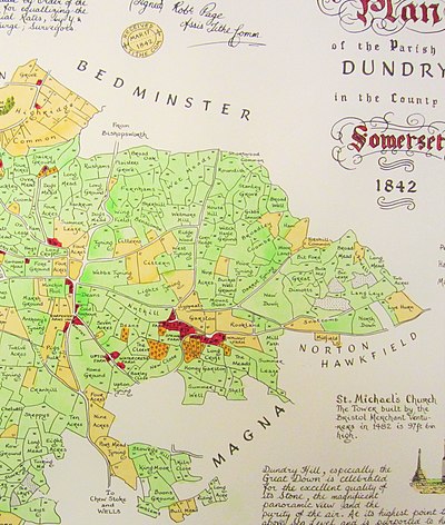 Part of an 1842 tithe map including the small village of East Dundry near Bristol, England, with names of its fields and two farms. Note the tithe-officer signature and stamp near the top.