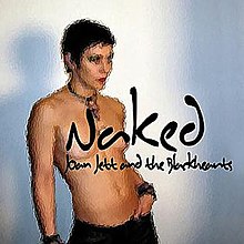 A photo of Jett standing topless behind frosted glass with the album title written in script over her body