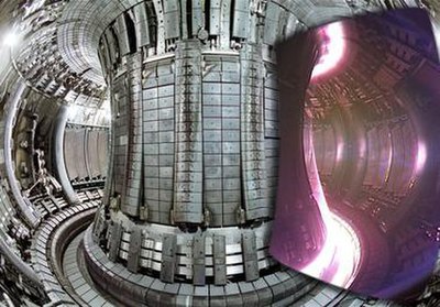 Internal view of the JET tokamak superimposed with an image of a plasma taken with a visible spectrum video camera.