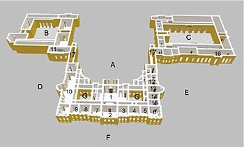 Blenheim Palace: "F" marks the corps de logis containing the principal rooms. "A" marks the cour d'honneur, while "B" and "C" are the secondary service wings Blenheimpianonobile.jpg